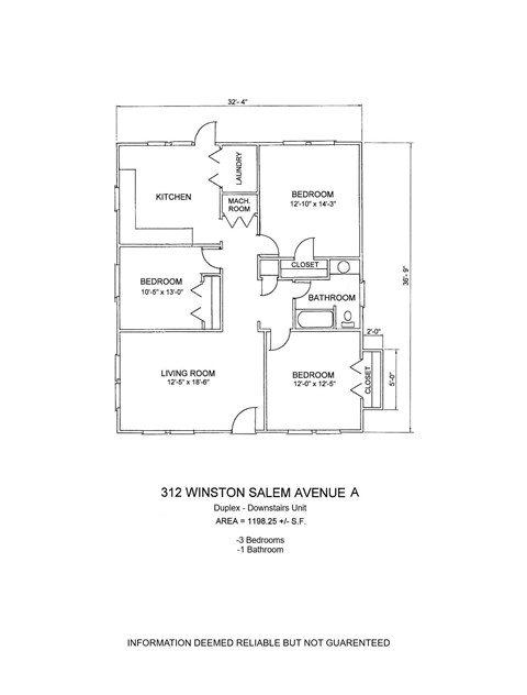 Floor plan for 3 beds, 1 bath, 1198 sqft